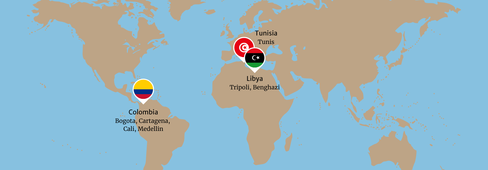 Intervention Colombia (Bogota, Cartagena, Cali, Medellin), Libya(Tripoli, Benghazi) , Tunisia (Tunis)